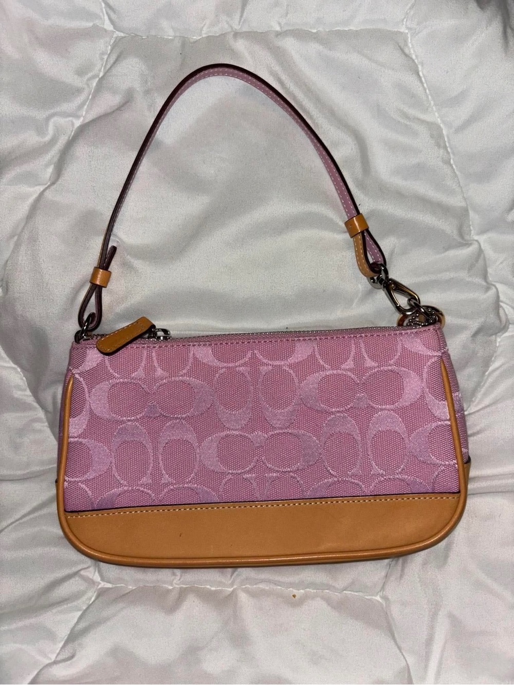 Coach Pink Signature Canvas Shoulder Bag with Tan Leather Trim